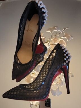 Christian Louboutin Guni Pump Black Patent Leather,Net With White Spikes 100